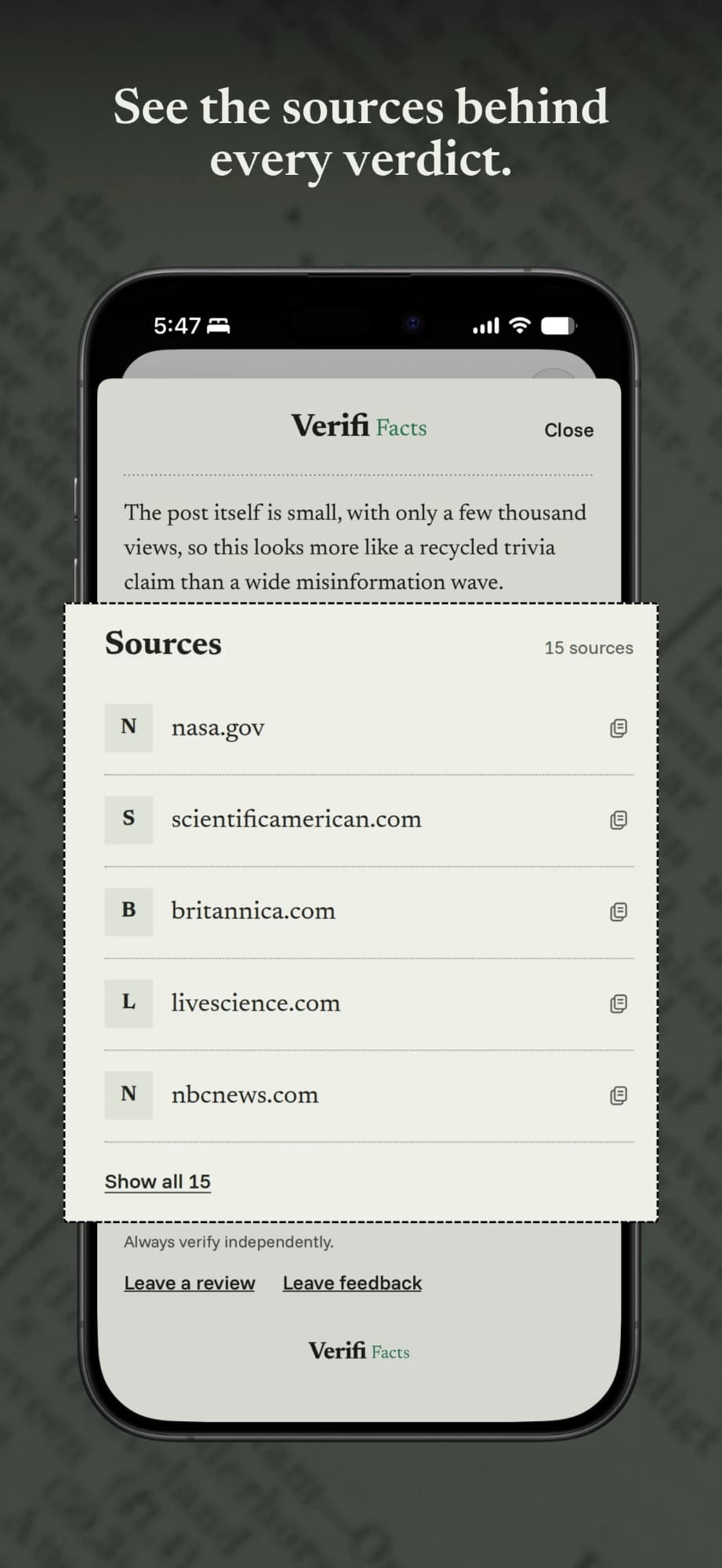 The sources behind a Verifi result: 15 in all, starting with nasa.gov, scientificamerican.com, britannica.com, livescience.com and nbcnews.com.